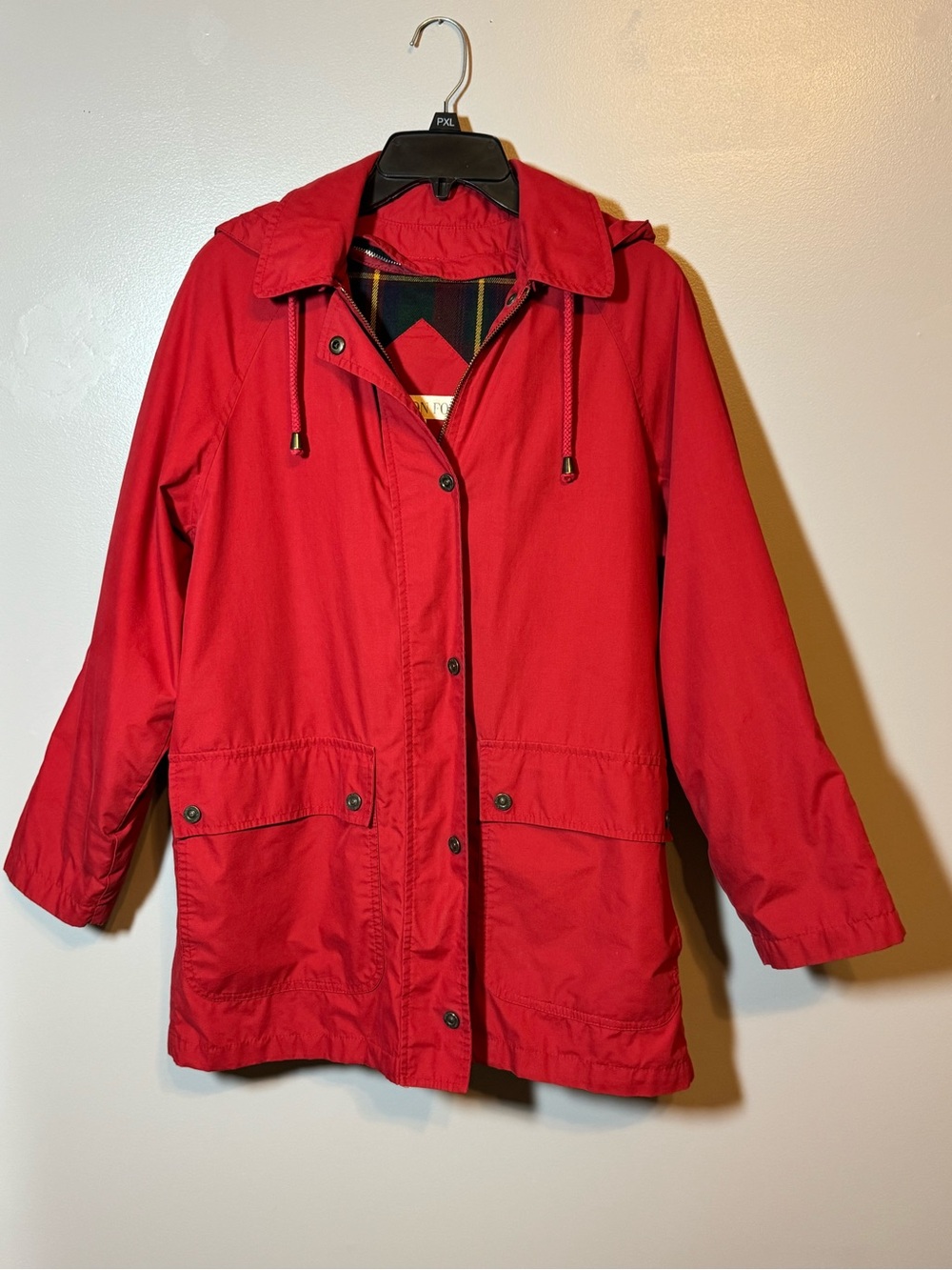 London Fog Women’s Red Hooded Rain Jacket Plaid Lined Size Small